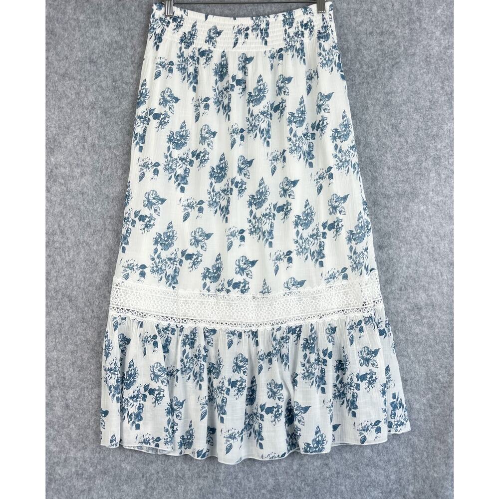 Kings Road Maxi Skirt Womens Large Blue Floral Lace Pull On Boho Peasant Cottage